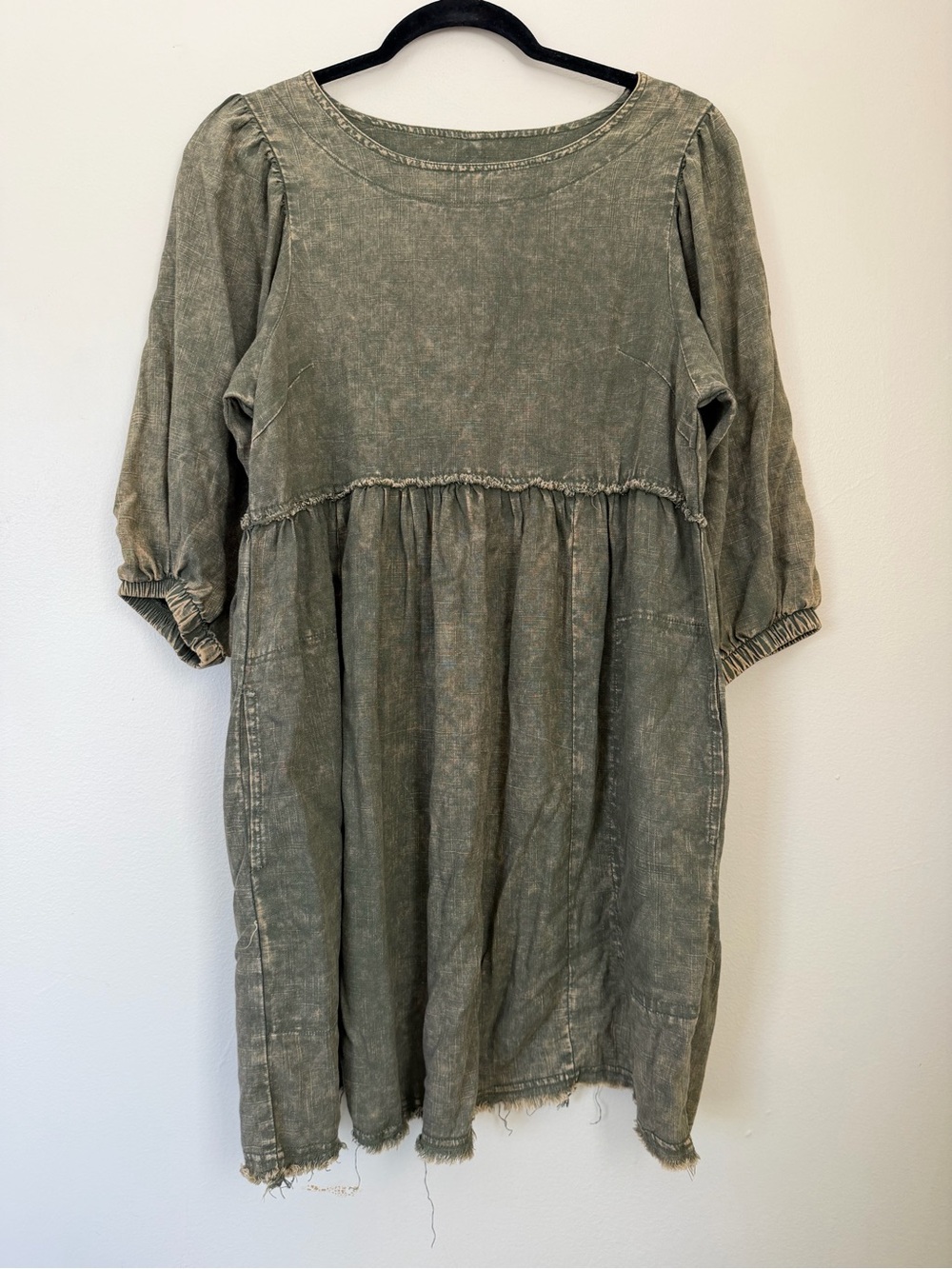 Zenana Acid Washed Olive Babydoll Peasant Dress Raw Hem Size Small